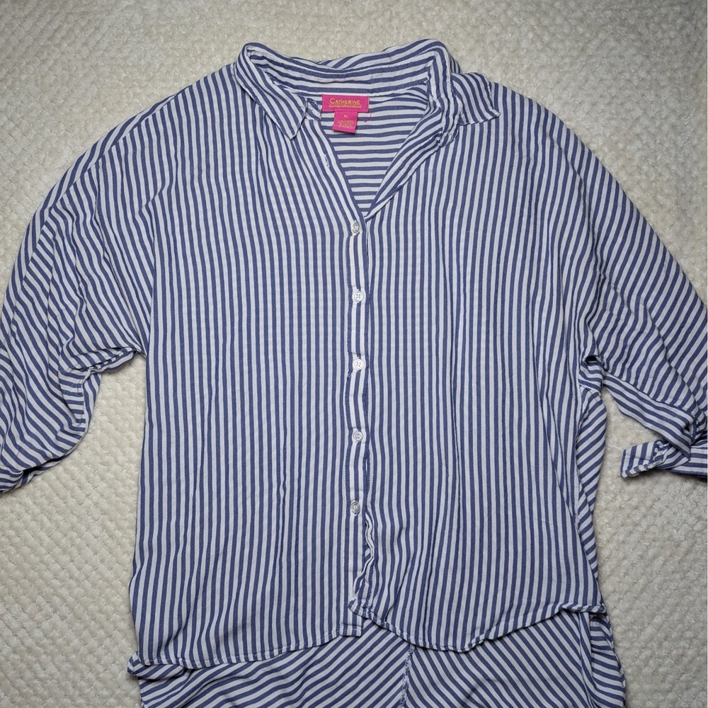 Catherine Malandrino Blue White Striped Button Down Blouse XL